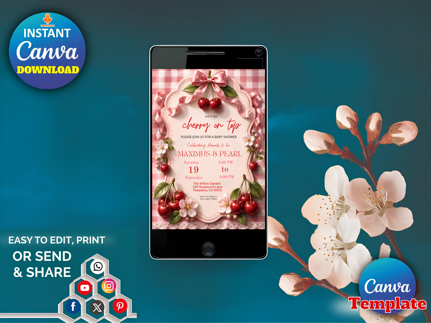 Editable She Is The Cherry On Top Baby Shower Invite | | Pink Gingham + Bow Canva Template (Digital Download)