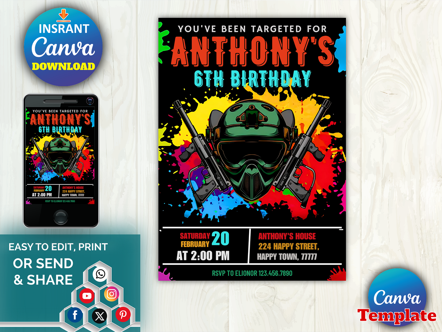 Paintball Theme 6th Birthday Invitation Canva Template Printable