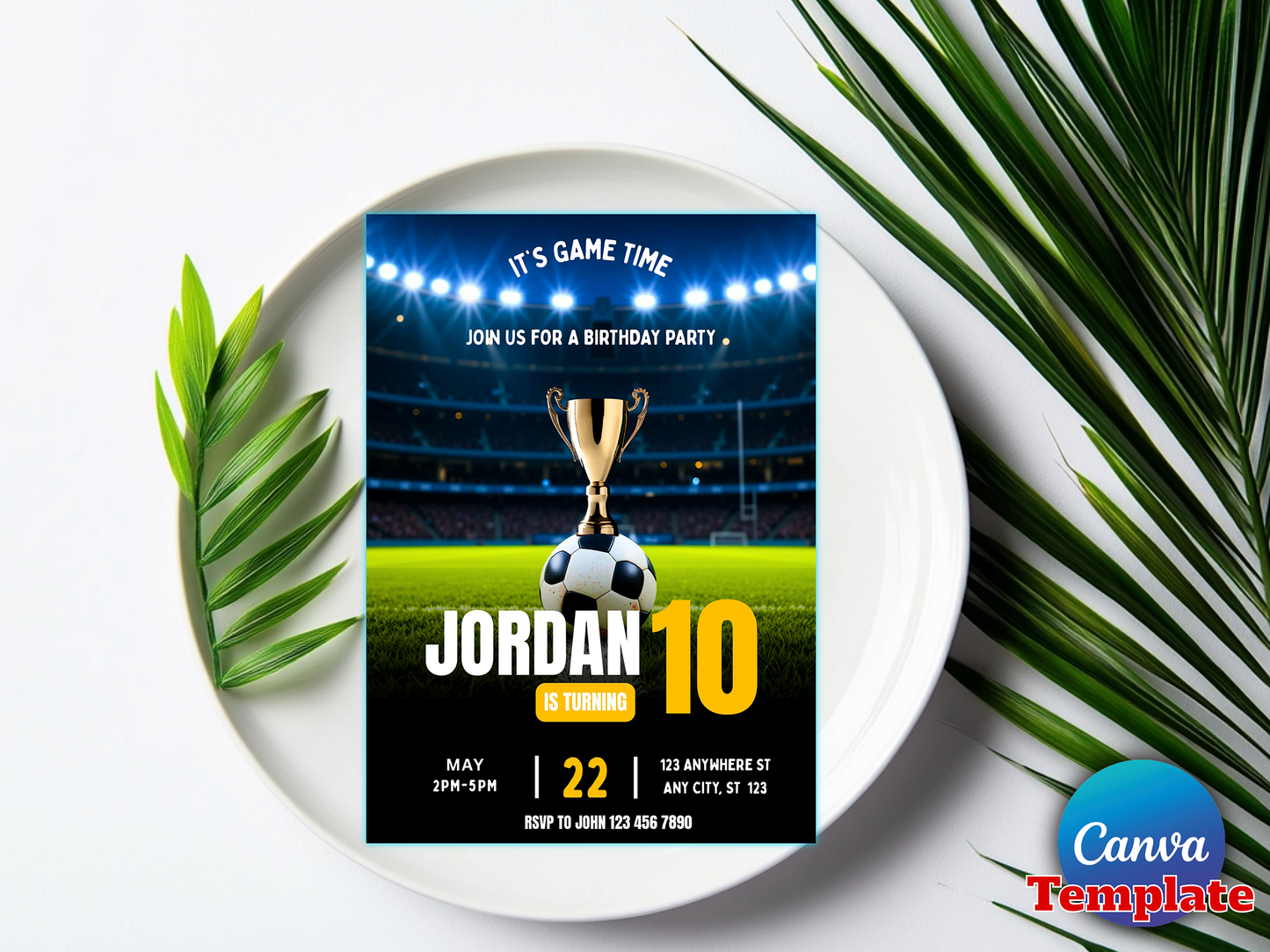 Soccer Football Stadium Theme 10th Birthday Invitation Canva Template