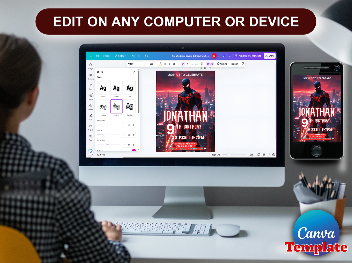 Editable Miles Morales Spider-Man 9th Birthday Invitation Canva Template