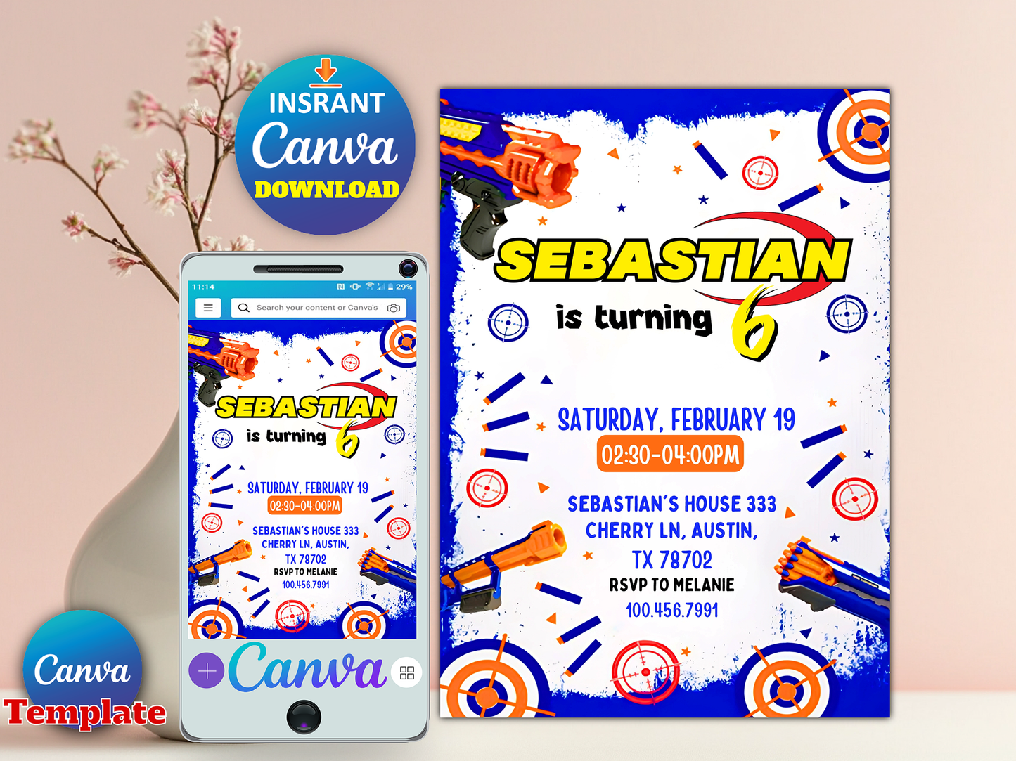 Nerf Gun Theme 6th Birthday Invitation Canva Template Printable
