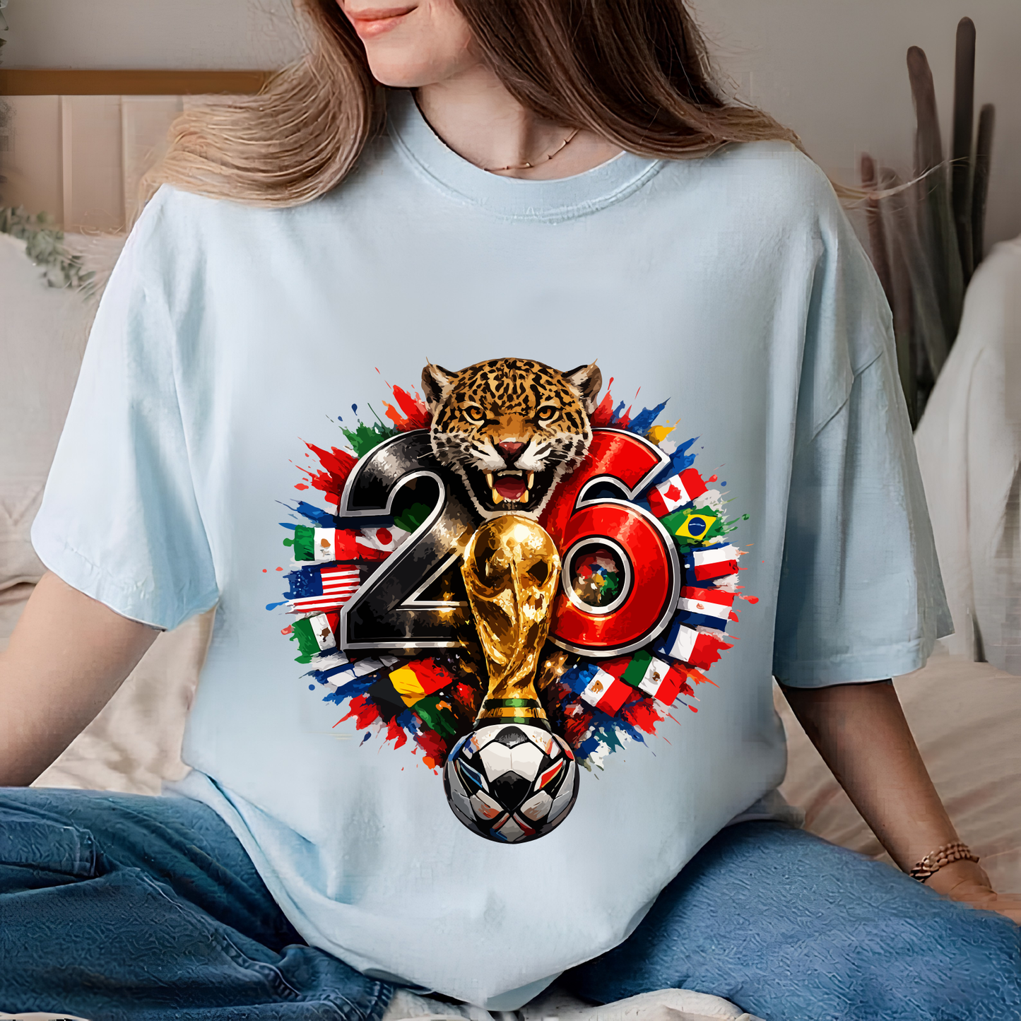 Fierce 2026 World Cup Jaguar Mascot T-Shirt - Global Flags & Trophy Soccer Fan Graphic Tee(physical)