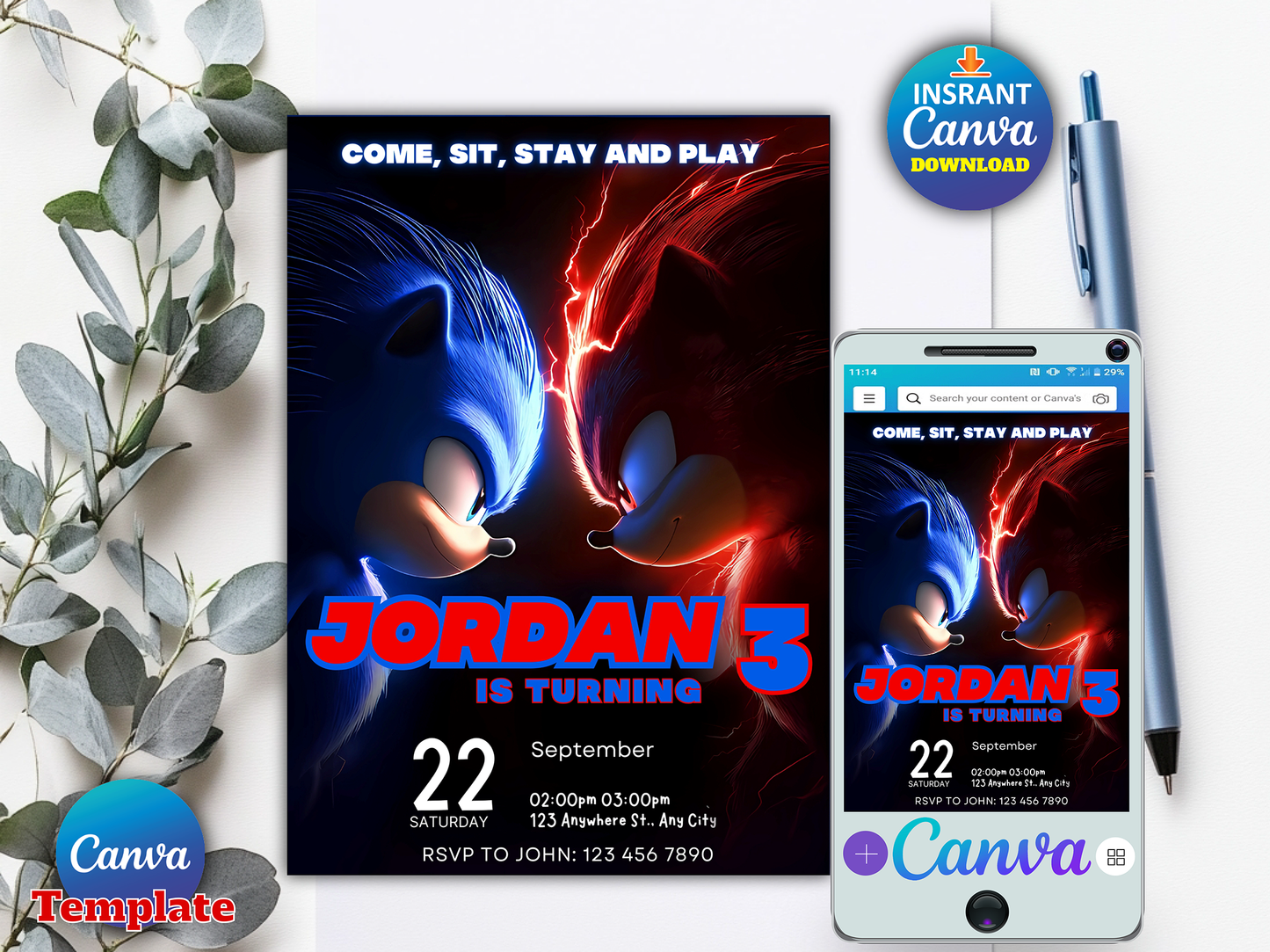 Sonic and Shadow Jordan 3rd Birthday Invitation Canva Template