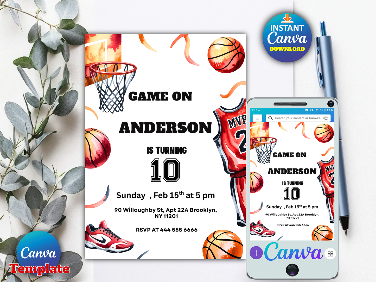 Printable Basketball Birthday Party Invite, Editable Sports Invitation Template