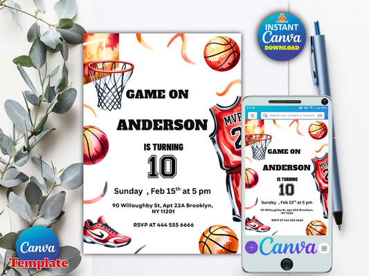 Printable Basketball Birthday Party Invite, Editable Sports Invitation Template