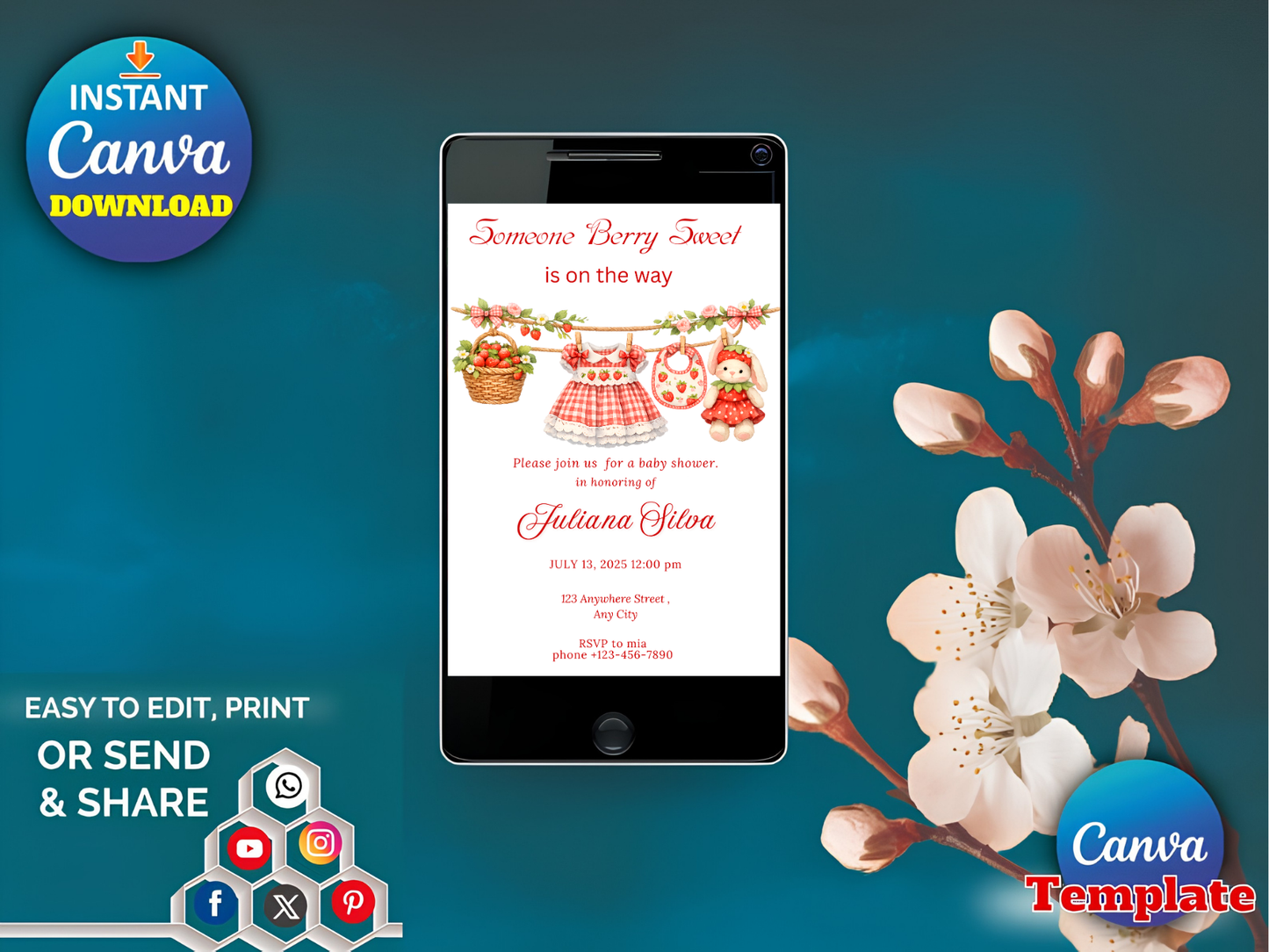 Berry Sweet Baby Shower Invitation Template : Boho Girl Clothesline Strawberry Party Invite (Canva Editable, Instant Download)