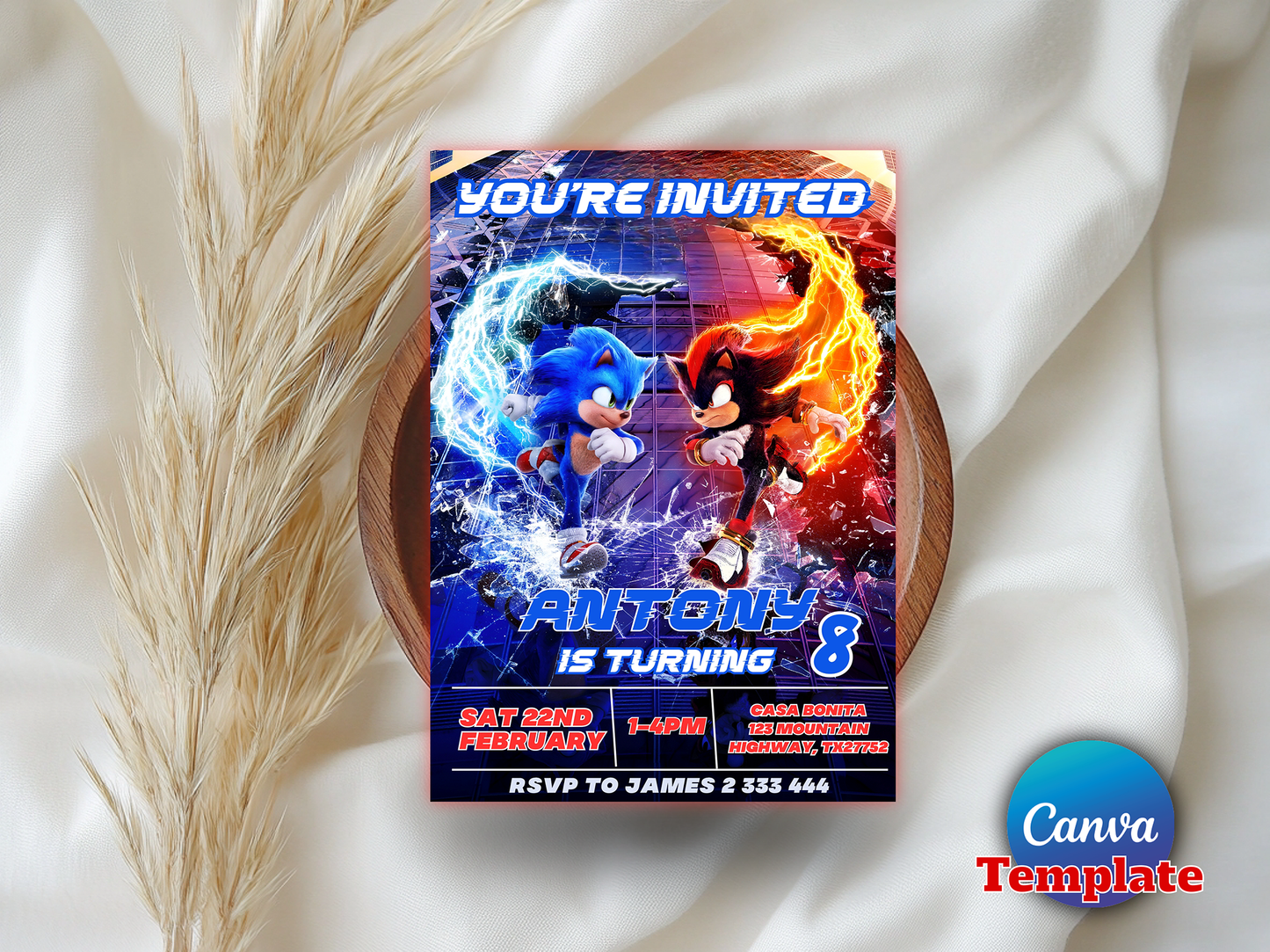 Editable Sonic and Shadow Birthday Invitation Template – Sonic 8th Birthday Party Invite