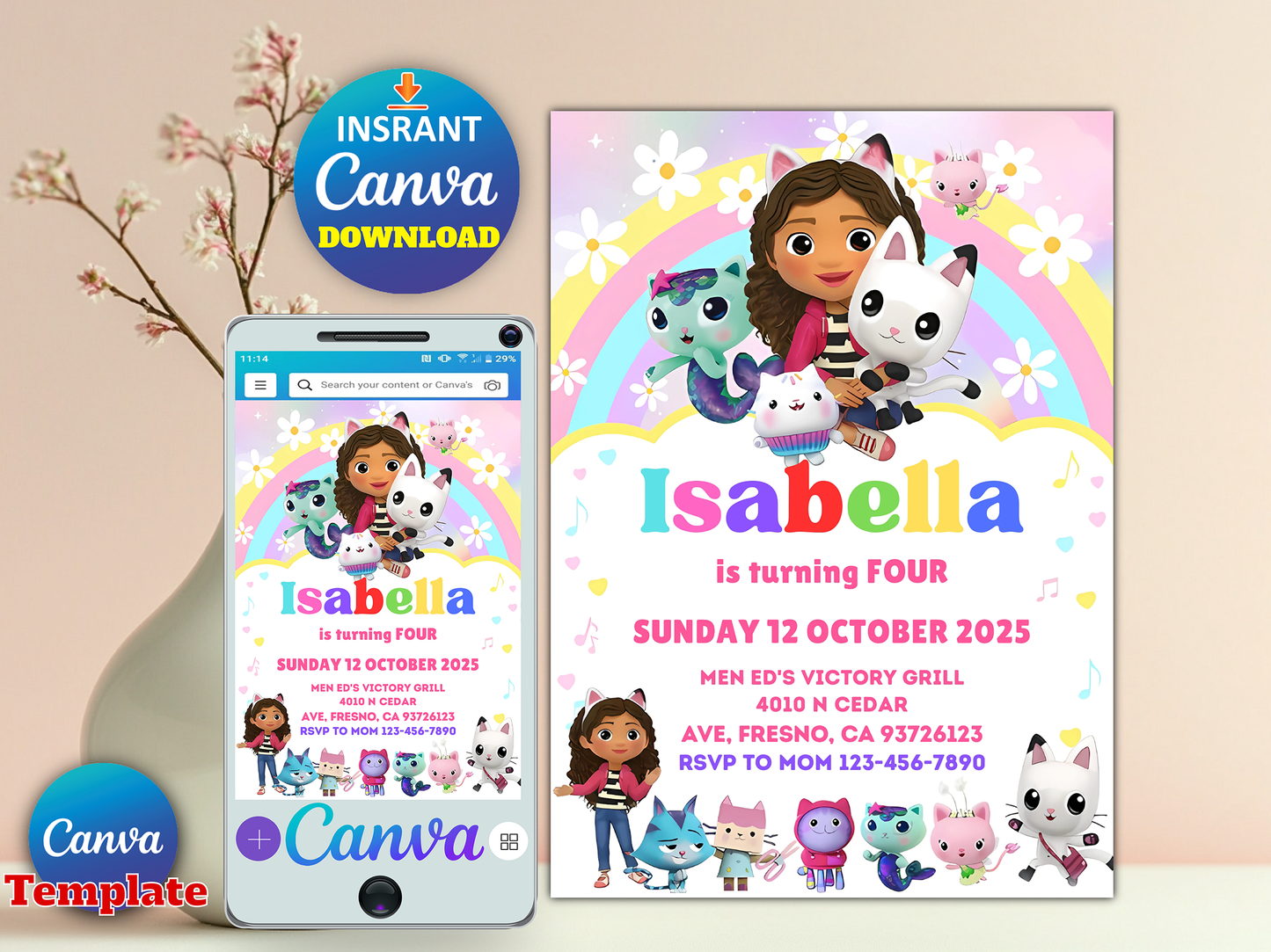 Gabby's Dollhouse Themed 4th Birthday Invitation Canva Template