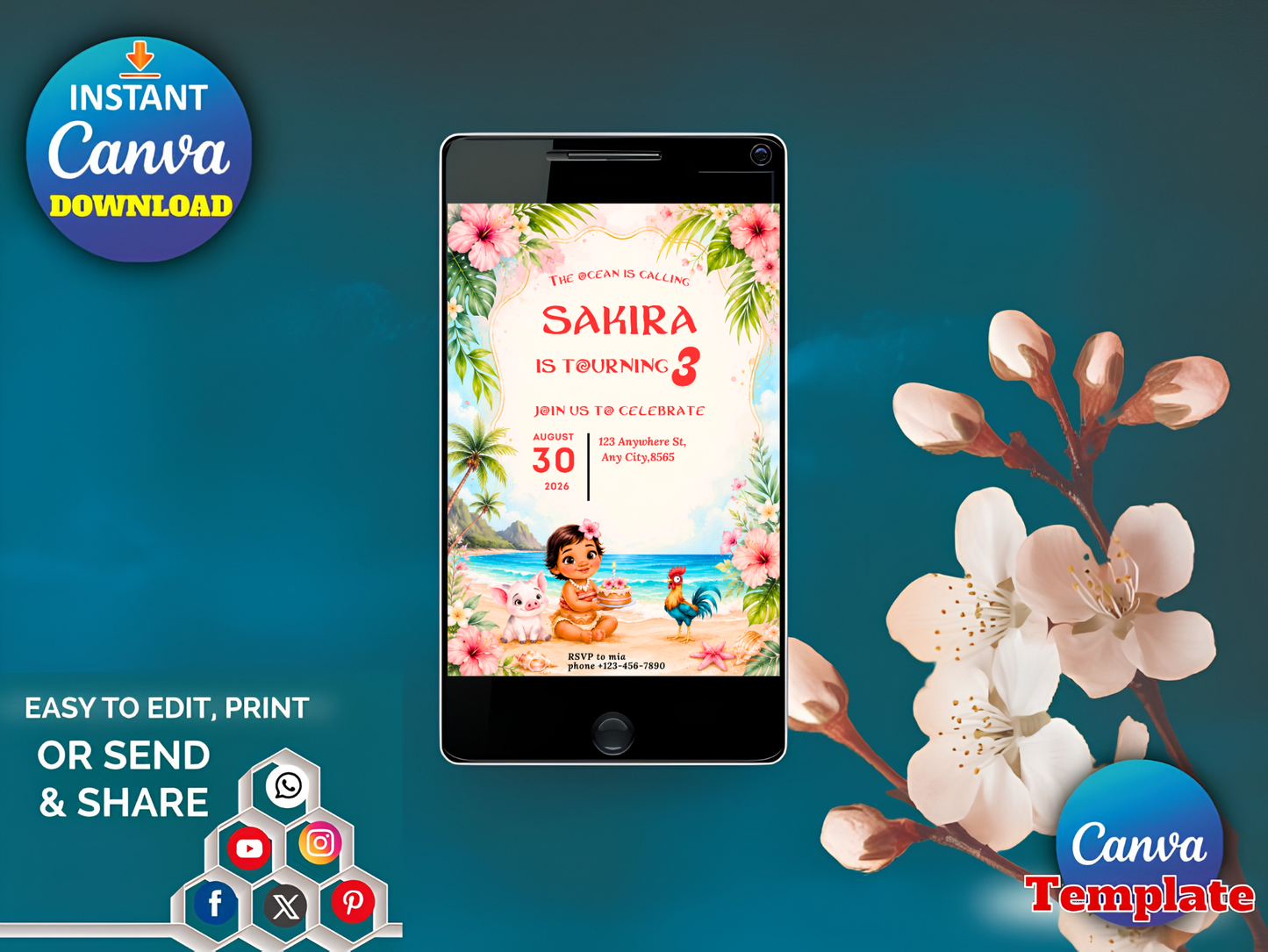 The Ocean Is Calling Birthday Invitation Girl, Polynesian Princess Beach Invite, Luau Birthday Canva Template Digital Download
