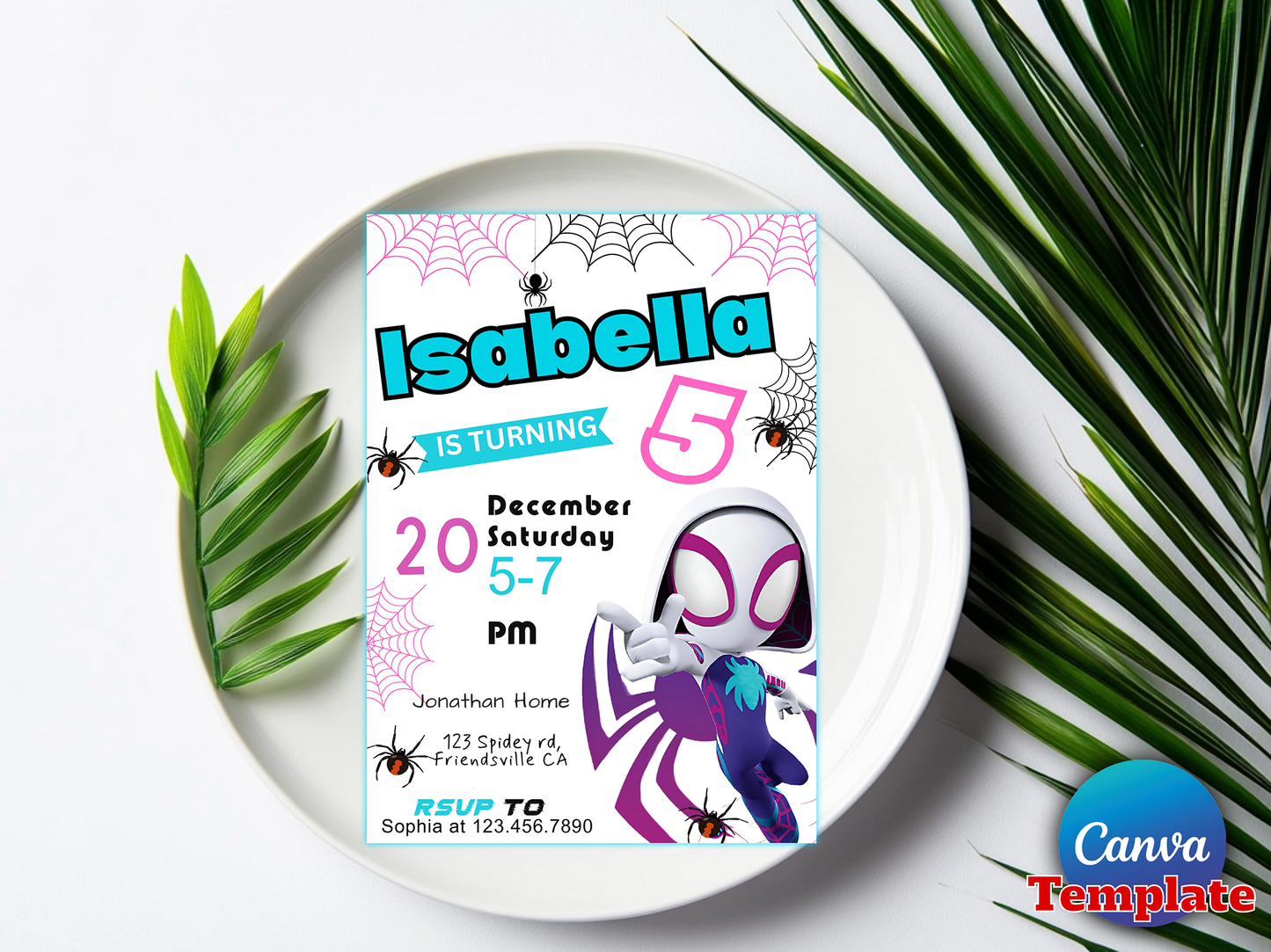 Ghost Spider Gwen Birthday Invitation Template - Editable Canva Digital Download
