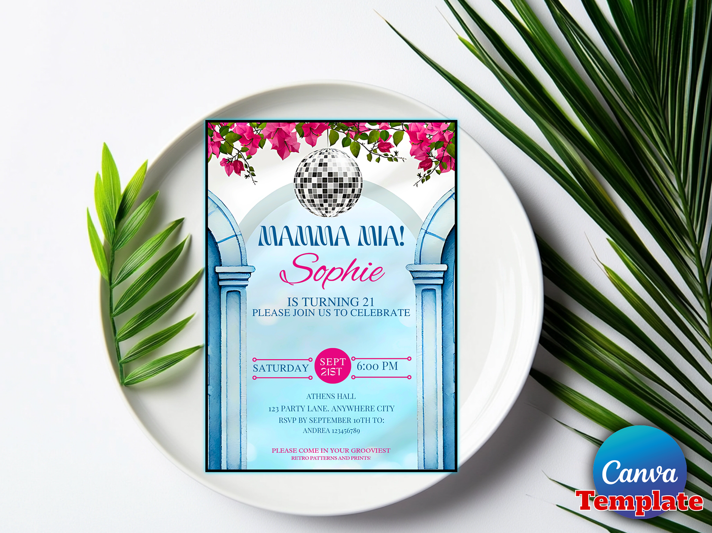 Mamma Mia Disco 21st Birthday Invitation Template - Editable Canva Digital Download