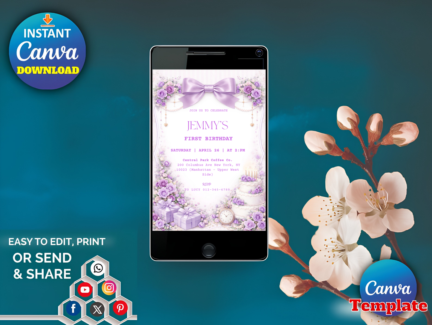 Editable Elegant Purple Rose 1st Birthday Invitation Template | Coquette Purple Bow Invite (Degital Template)