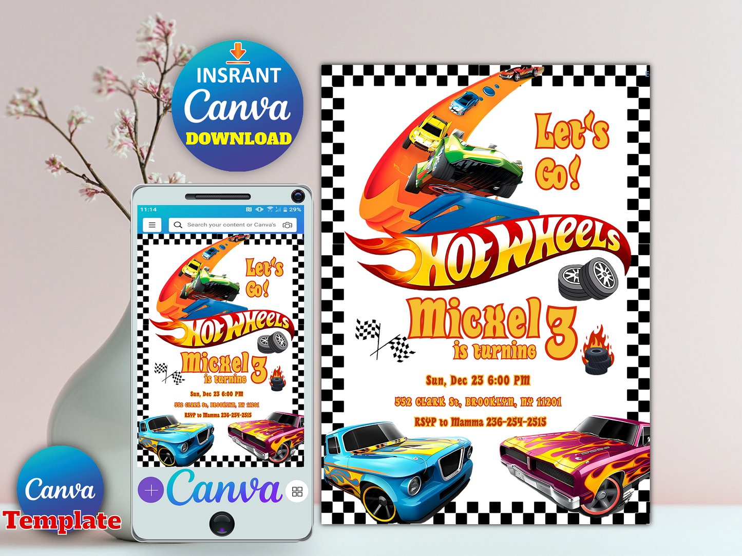 Editable Hot Wheels Birthday Invitation Template – Race Car 3rd Birthday Party Invite