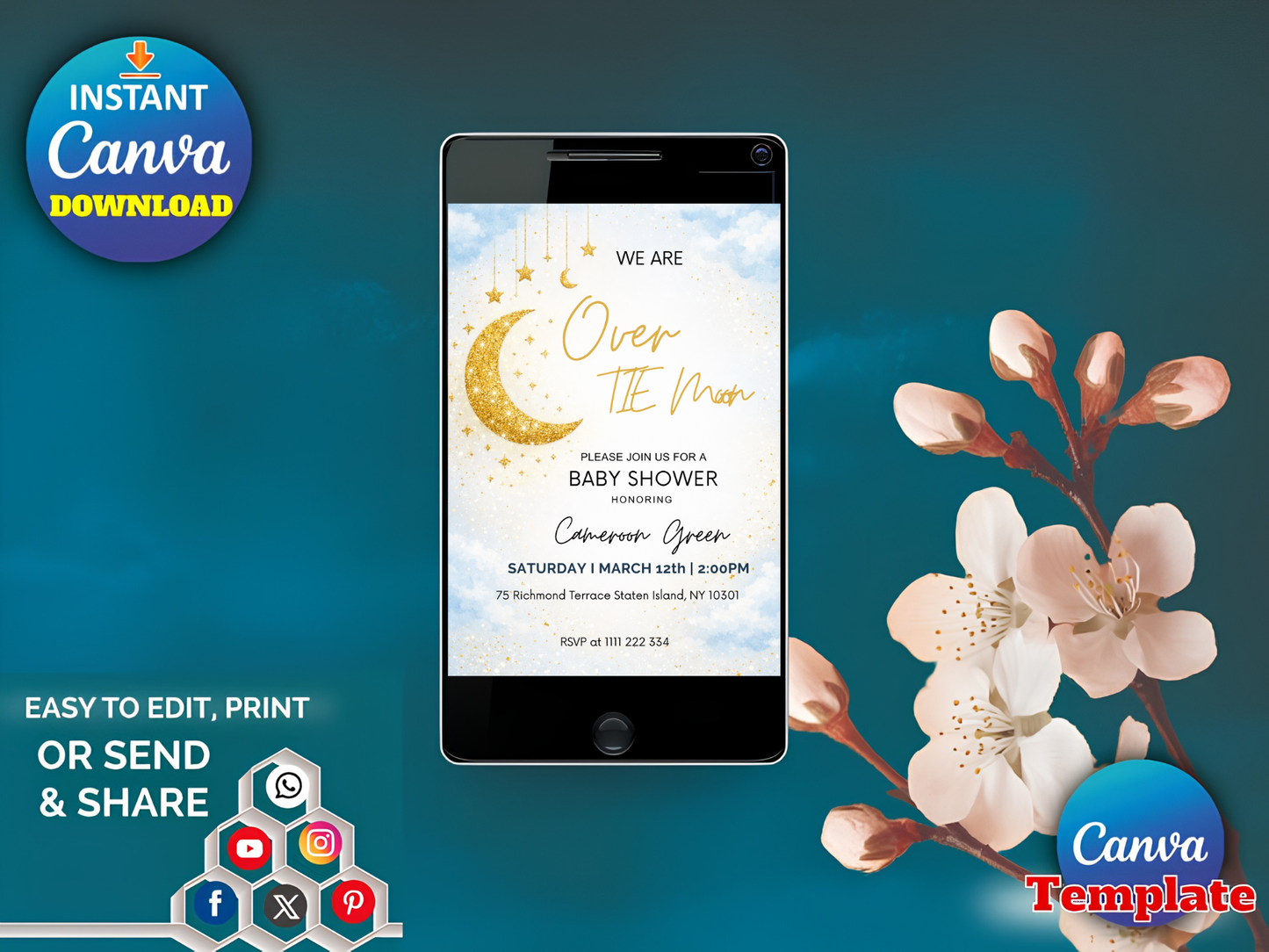 Editable Blue We are Over the Moon Baby Shower Invitation