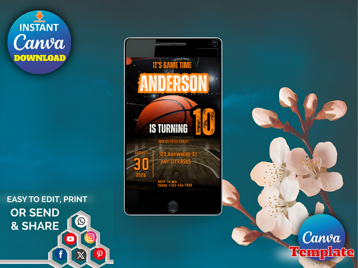 Basketball Birthday Invitation Template, Game Time Editable Invite, Boy Birthday Party Canva Template, Sports Birthday, Instant Download