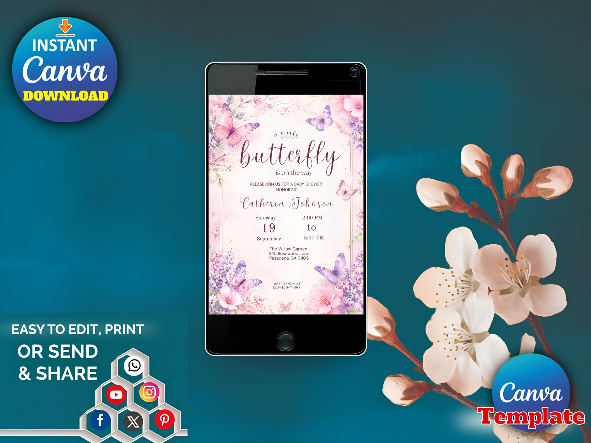 Butterfly baby shower invitation mobile digital preview