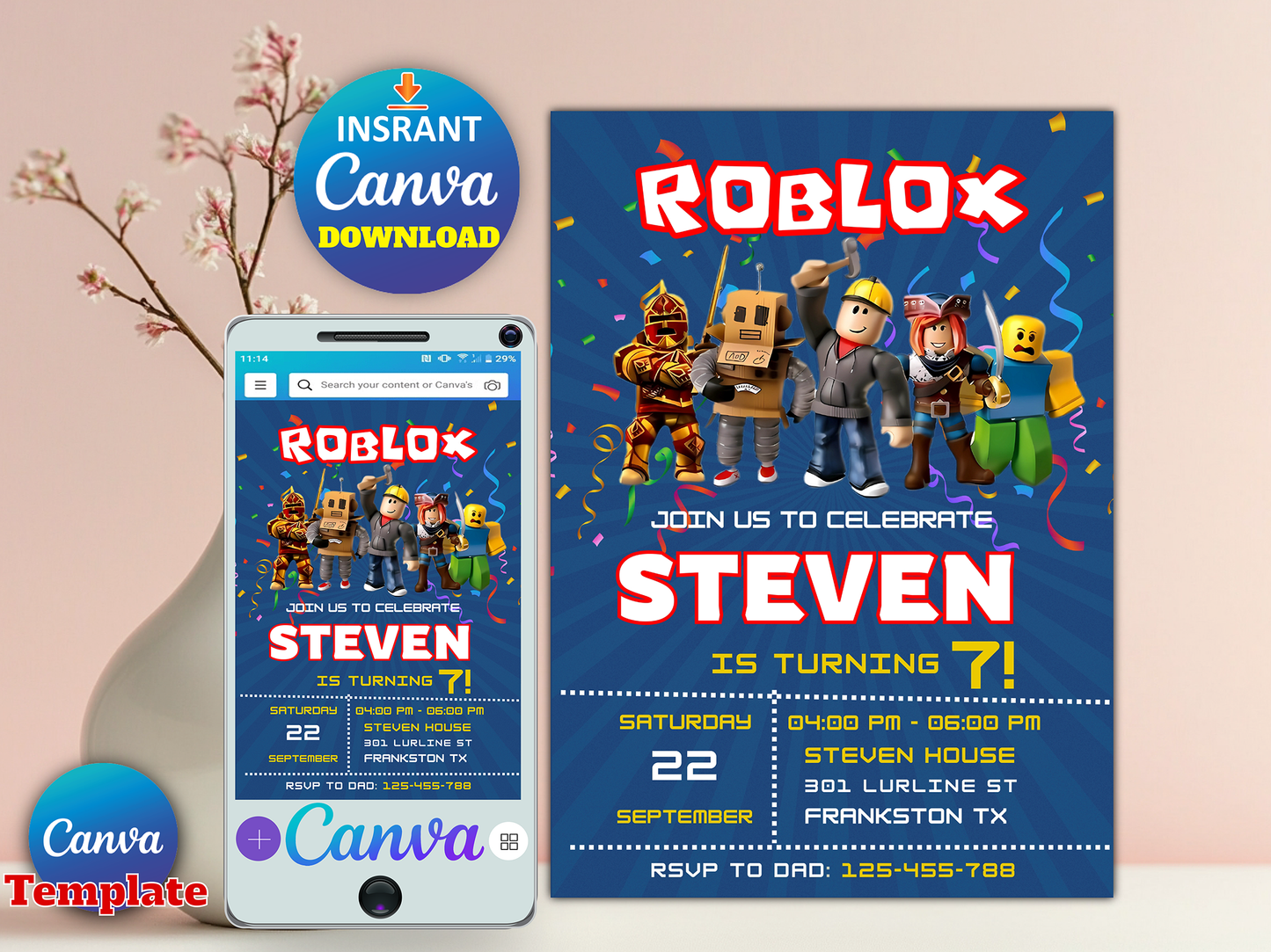 Roblox Birthday Invitation Canva Template – Editable, Printable & Instant Download 🎮🎉