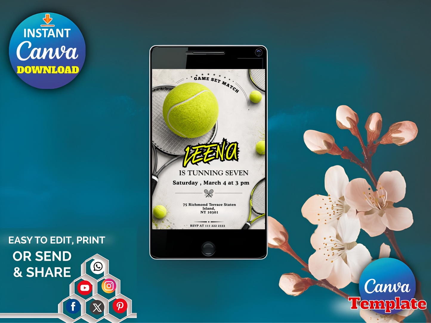 Tennis Birthday Invitation Template, Editable Sports Party Invite (Digital Download)