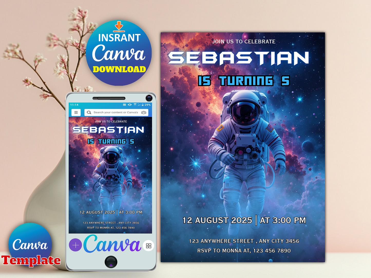 Outer Space Astronaut Birthday Invitation Template - Editable Canva Digital Download