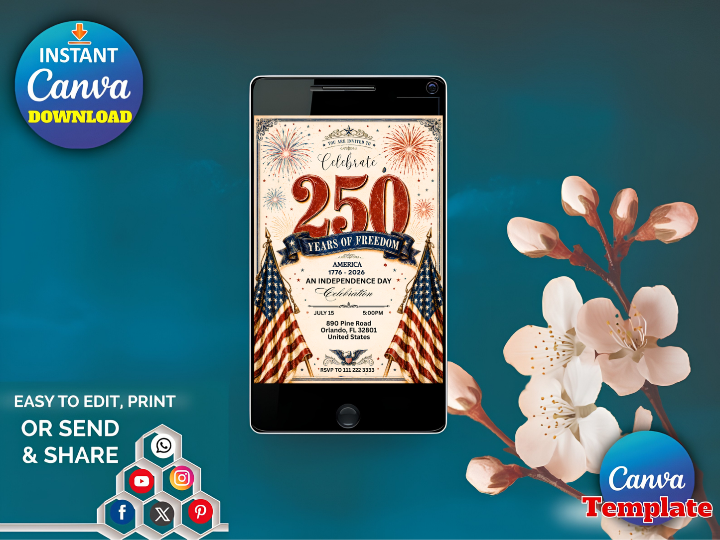America 250 Party Invite, 4th of July Invitation, Patriotic BBQ, 250 Years of Freedom Celebration, Editable Canva Template