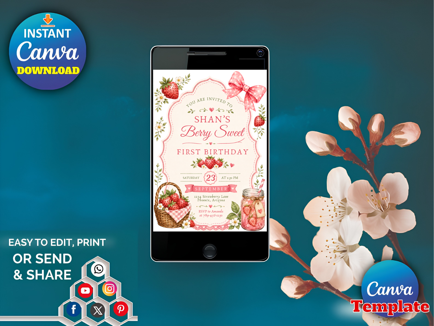 Berry Sweet First Birthday Invitation Template, Strawberry Editable Invite, Girl 1st Birthday Canva Template, Instant Download