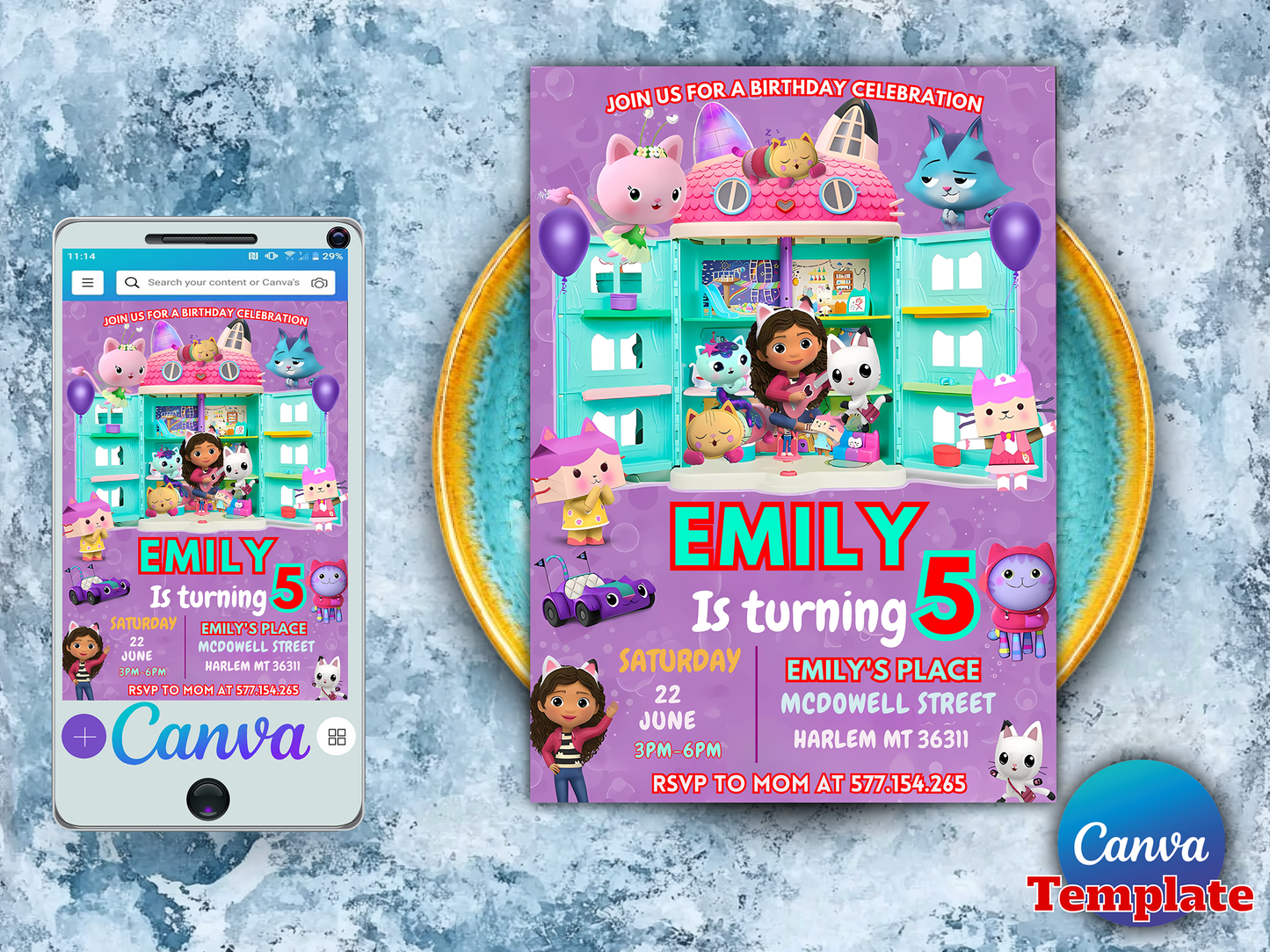 Gabby's Dollhouse Theme 5th Birthday Invitation Canva Template Printable
