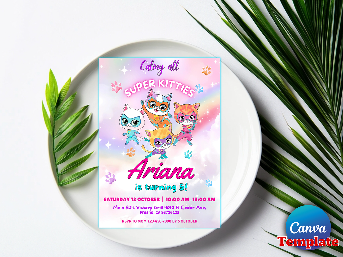 Super Kitties Themed 5th Birthday Invitation Canva Template