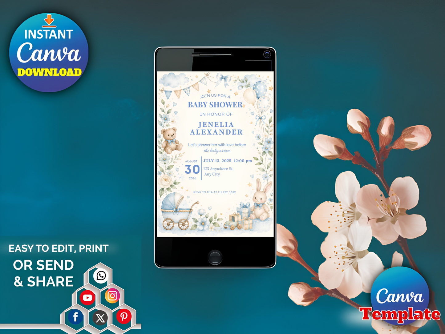 Blue Baby Shower Invitation Template, Vintage Nursery Toys Invite, Teddy Bear Rocking Horse, Floral Editable Printable Download