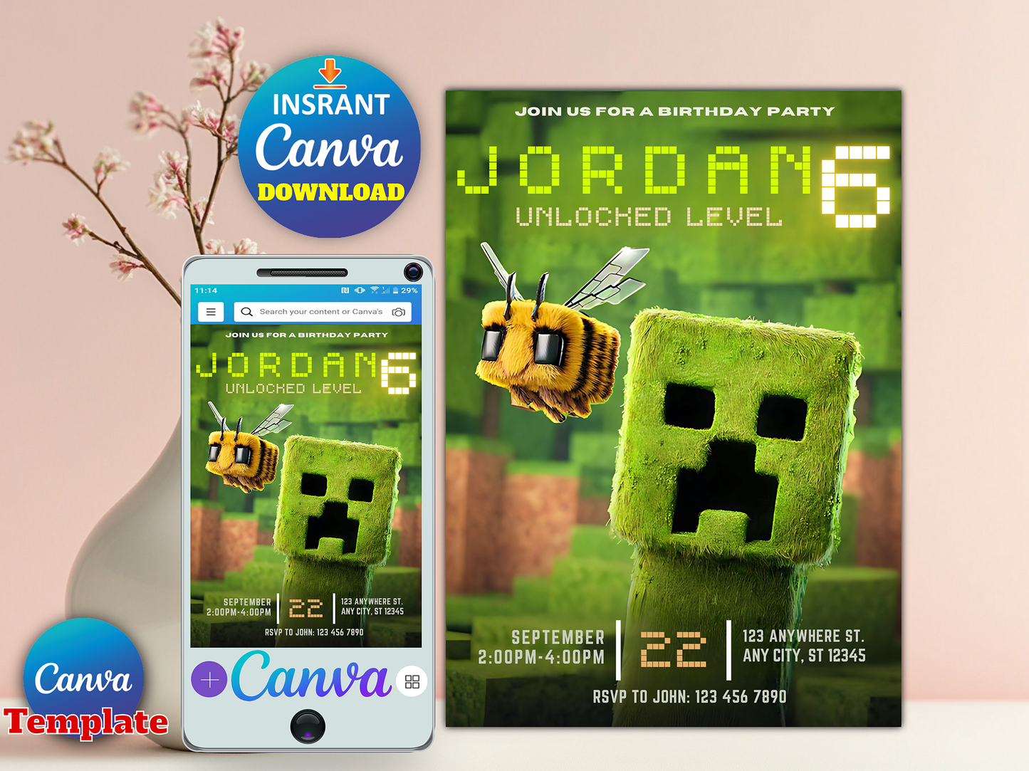 Minecraft Creeper Unlocked Level 6 Theme Birthday Invitation Canva Template