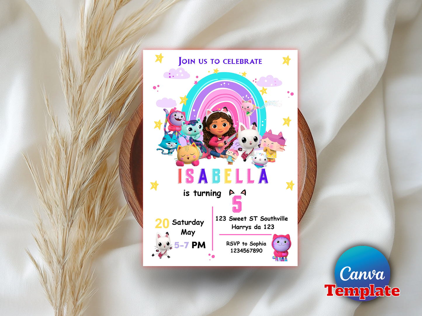 Gabby’s Dollhouse Birthday Invitation Canva Template – Editable, Printable & Instant Download 🎉✨