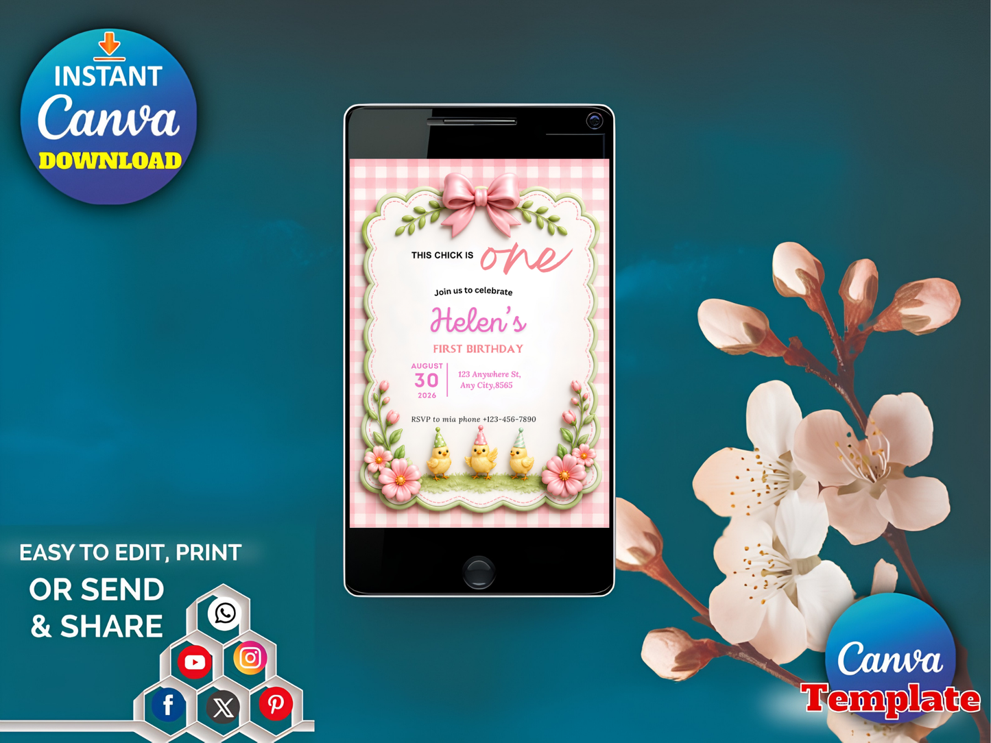 This Chick Is One Invitation – Baby Chick Girl 1st Birthday Editable Canva Template
