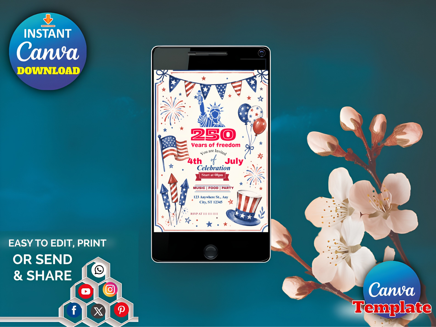 America 250th Anniversary Invitation Template, 4th of July Party Invitation, USA Patriotic Red White Blue BBQ Invite Editable Canva Invite