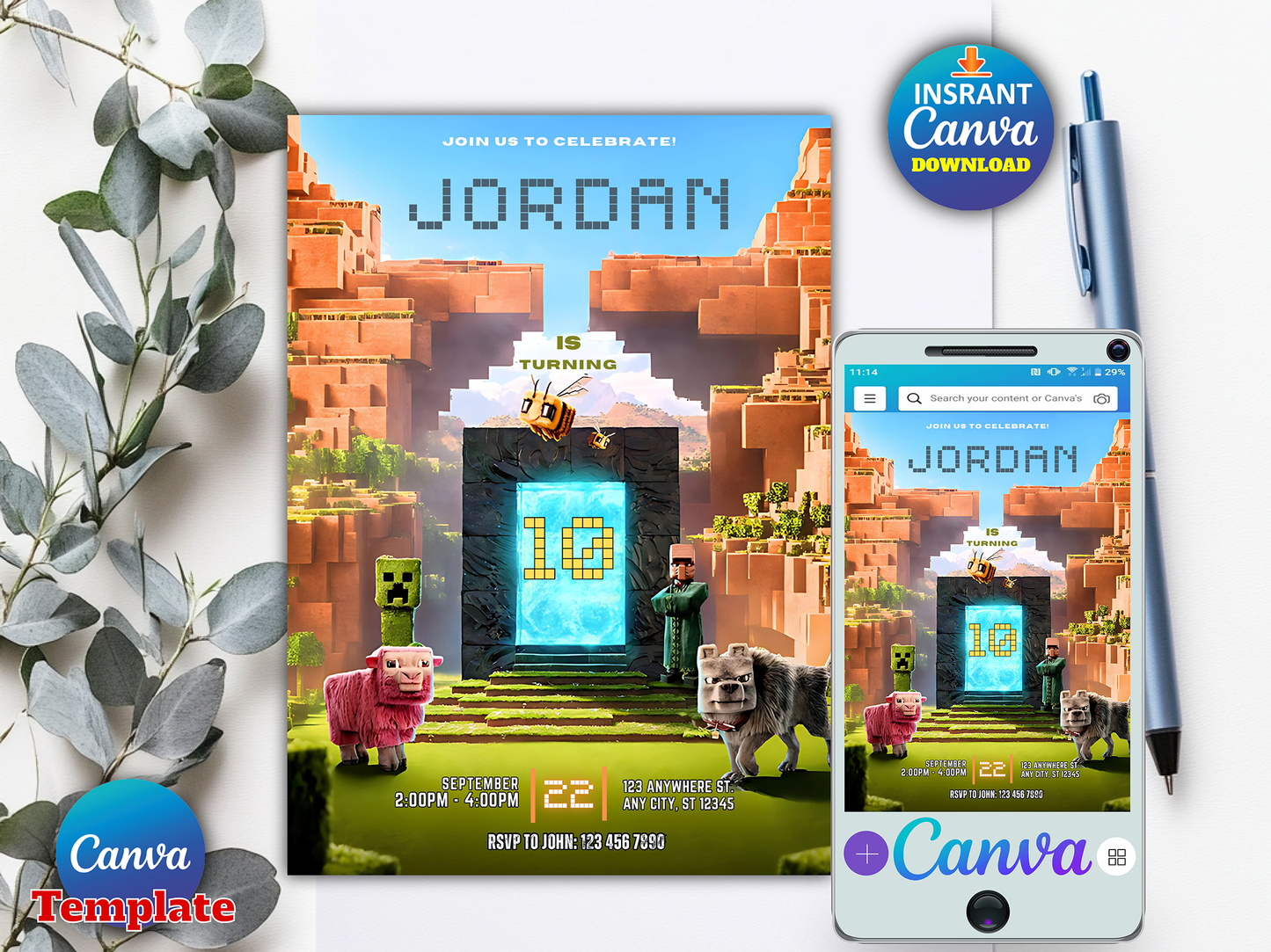 Minecraft Nether Portal Theme 10th Birthday Invitation Canva Template