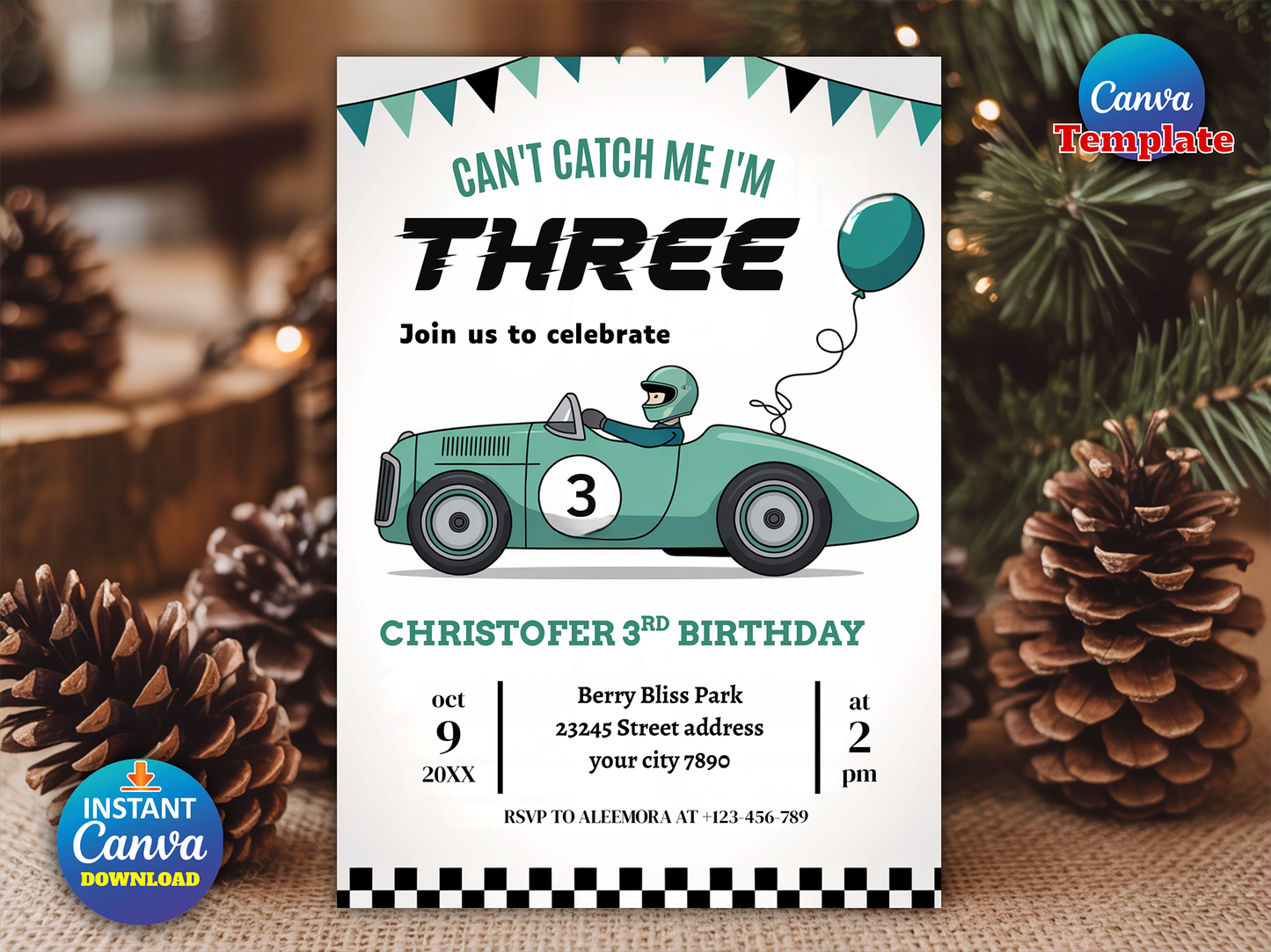 Editable Race Car 3rd Birthday Invitation