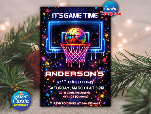 Basketball Birthday Invitation, Ice Cream Drip Neon Party