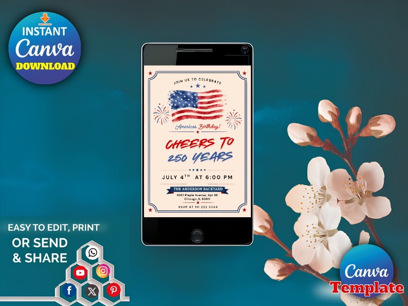 Editable America 250th Semiquincentennial 4th of July Invitation Template | Cheers to 250 Years Party Invite Canva