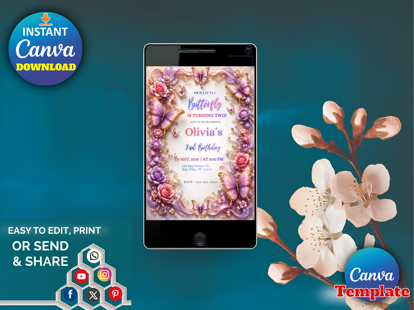 A digital invitation template displayed on a smartphone screen, featuring a purple and pink floral and butterfly design. The image includes promotional badges for 'Instant Canva Download' and 'Canva Template' on a dark teal background with decorative white flowers on the right.