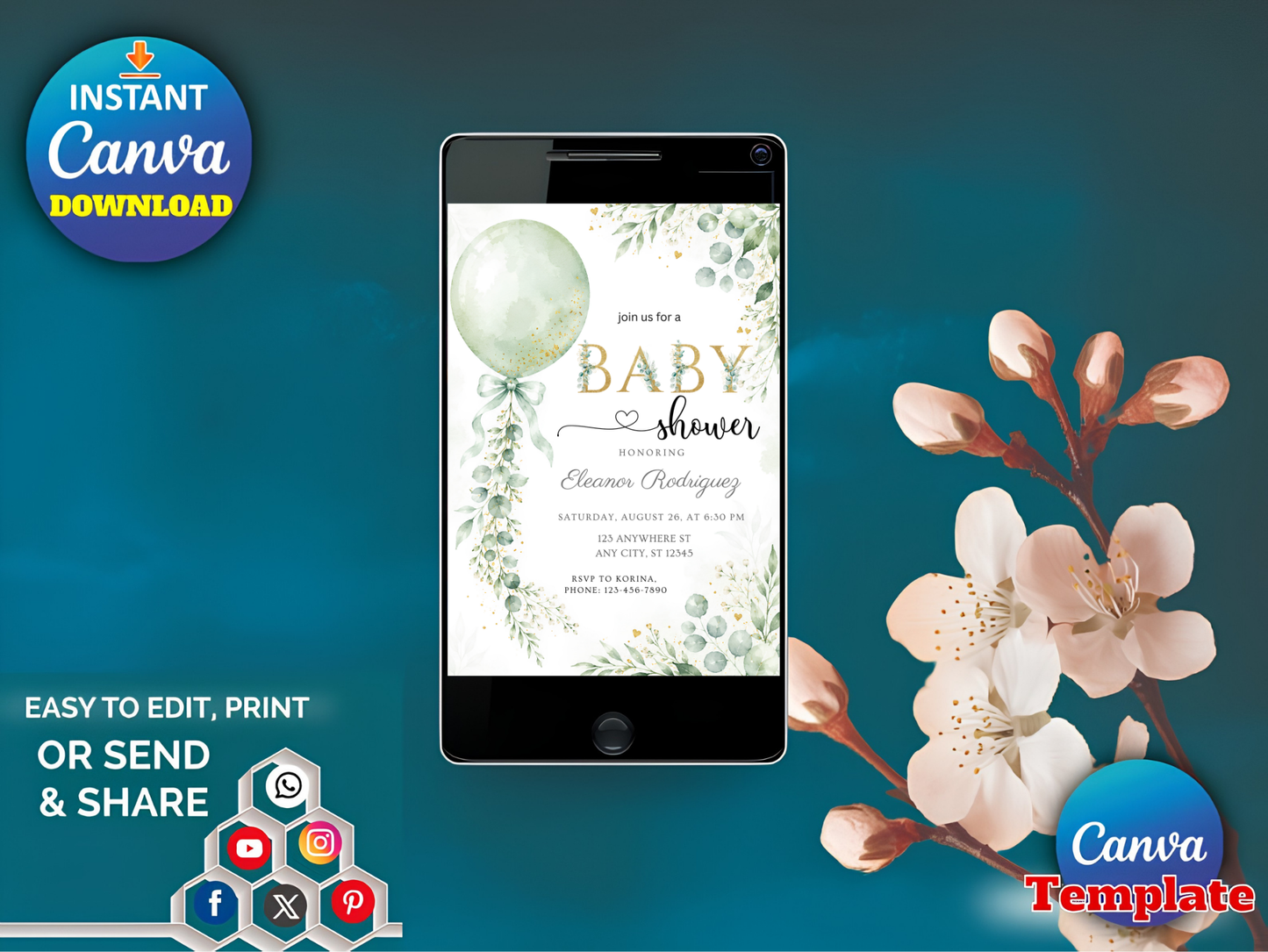 Greenery Baby Shower Invitation Editable Template, Sage Green Balloon Eucalyptus Invite, Gold Glitter Baby Shower, Canva Template