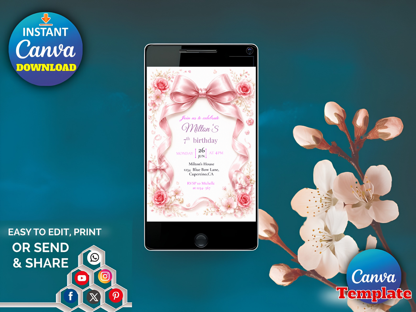 A digital baby shower invitation template displayed on a smartphone screen, surrounded by decorative pink blossoms and promotional badges reading 'Instant Canva Download' and 'Canva Template' on a teal background.