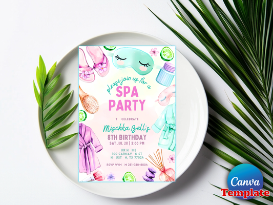 Watercolor Girls Spa Birthday Invitation Template - Editable Canva Digital Download