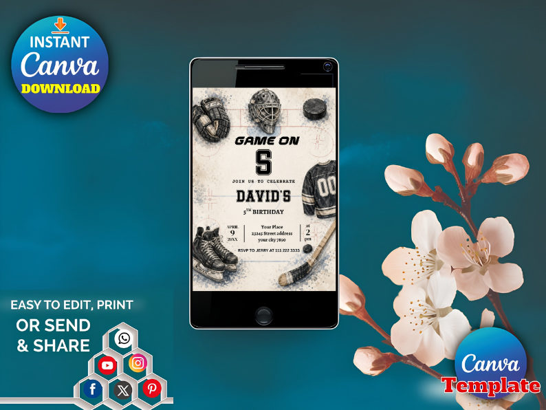 Editable Ice Hockey Birthday Invitation Template | Vintage Game On Sports Invite Canva  (Degital Template)