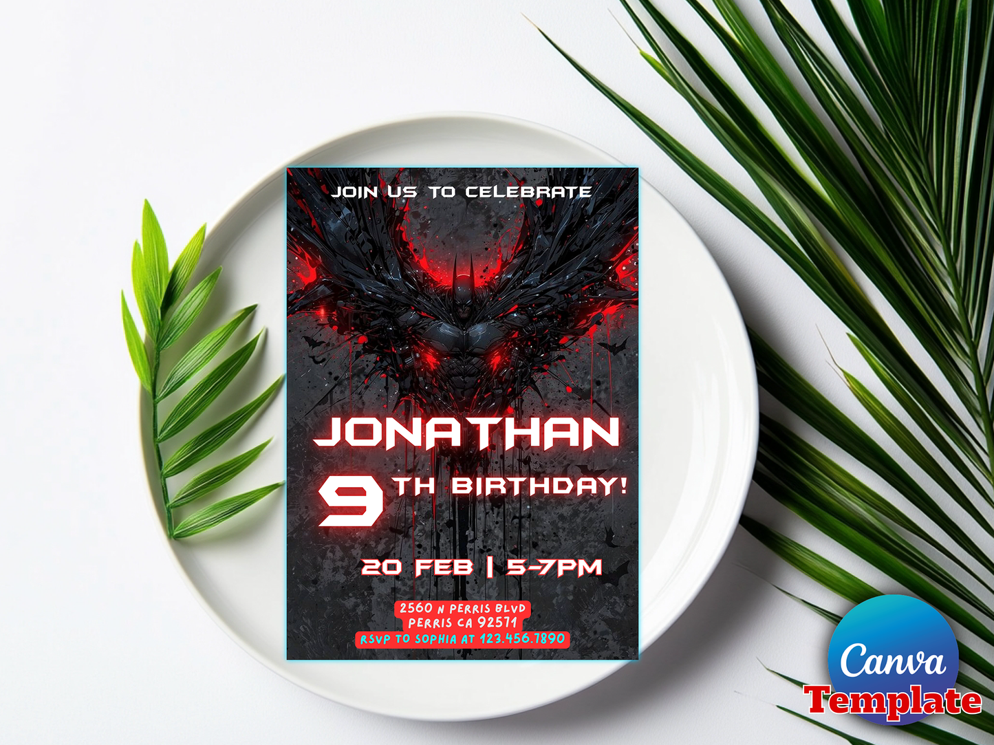 Dark Knight Batman Themed 9th Birthday Invitation Canva Template