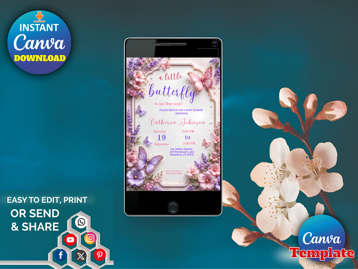 Editable Butterfly Baby Shower Invitation, Baby Shower Invite, Butterfly Invitation, Canva Template, Instant Download