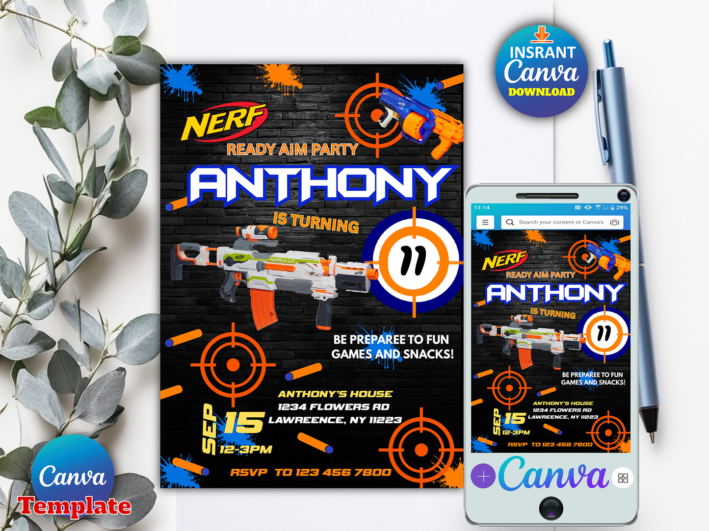 Nerf Gun Theme Birthday Invitation Template - Editable Canva Digital Download