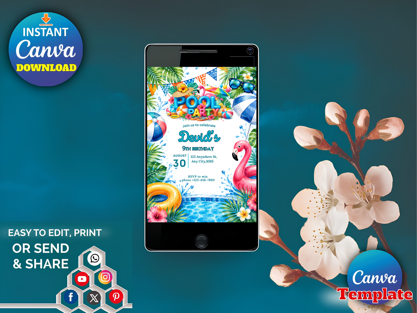 Pool Party Birthday Invitation, Pool Party Invite, Summer Pool Party, Pool Party Birthday, Teenage Birthday, Editable Canva Template