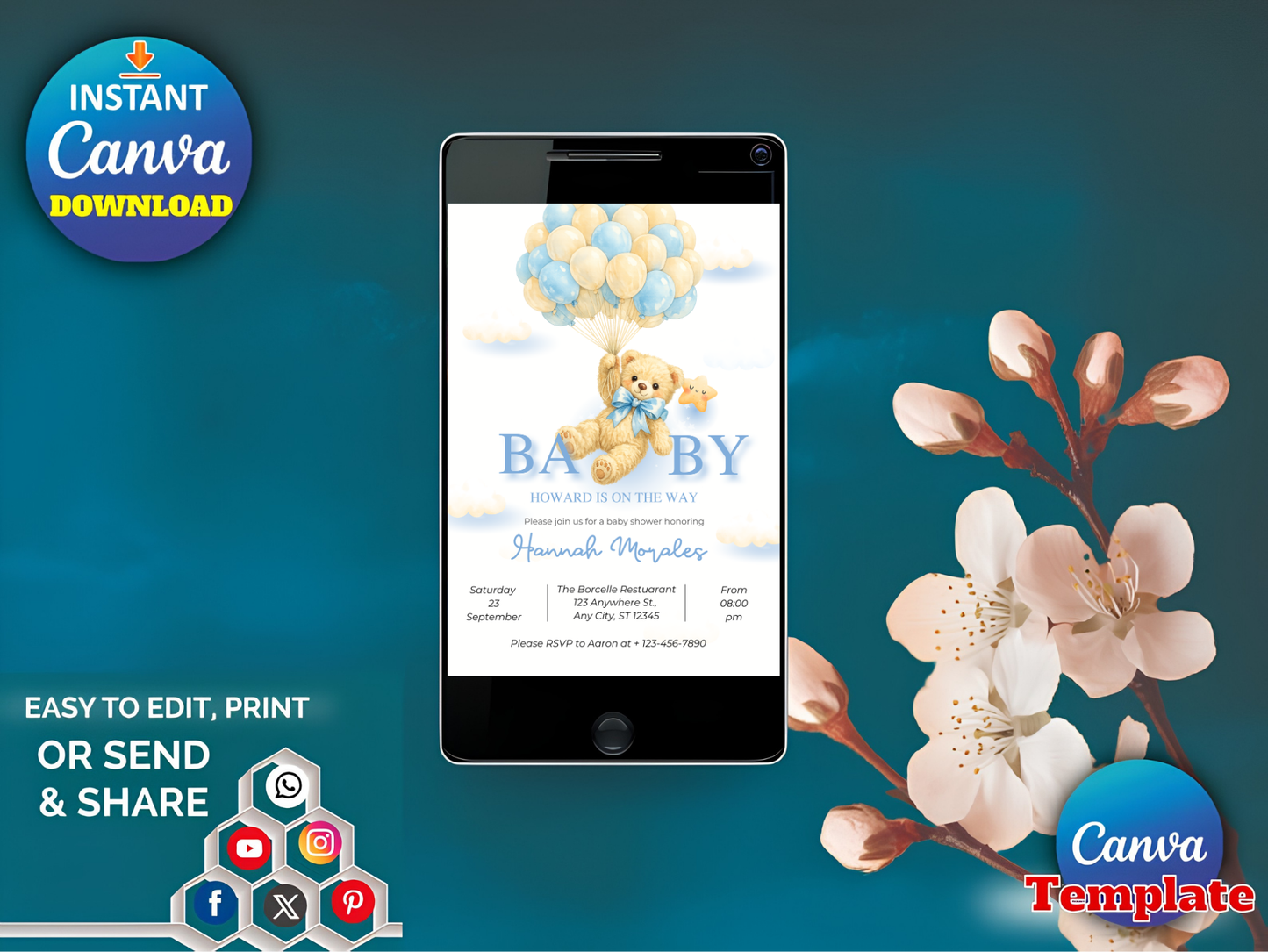 Editable Brown Bear Balloon Baby Shower Invitation, We Can Bearly Wait Baby Shower Invite, Blue Boy Boho Bear Baby Shower Canva Digital