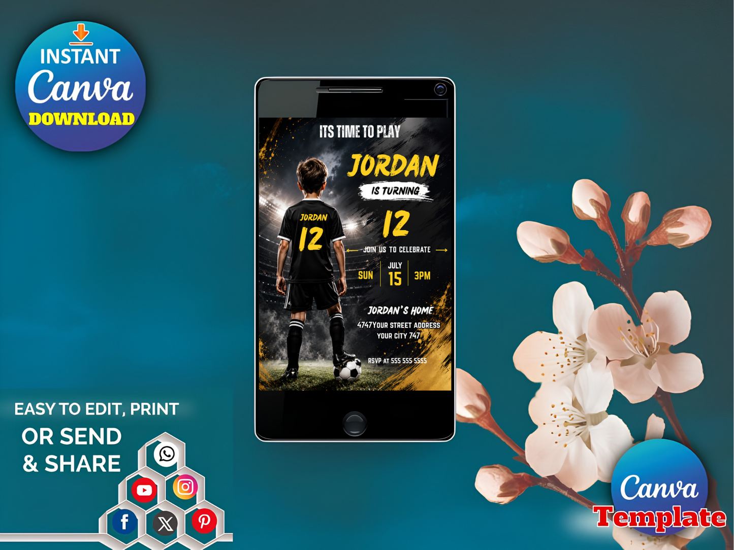 Soccer Birthday Invitation, Boys Sports Party Digital Invite, Football Party Evite, Soccer Invitation, Sports Theme, Editable Canva Template