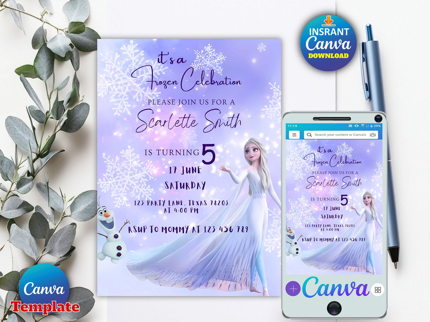 Frozen Princess Birthday Invitation Canva Template – Editable & Printable