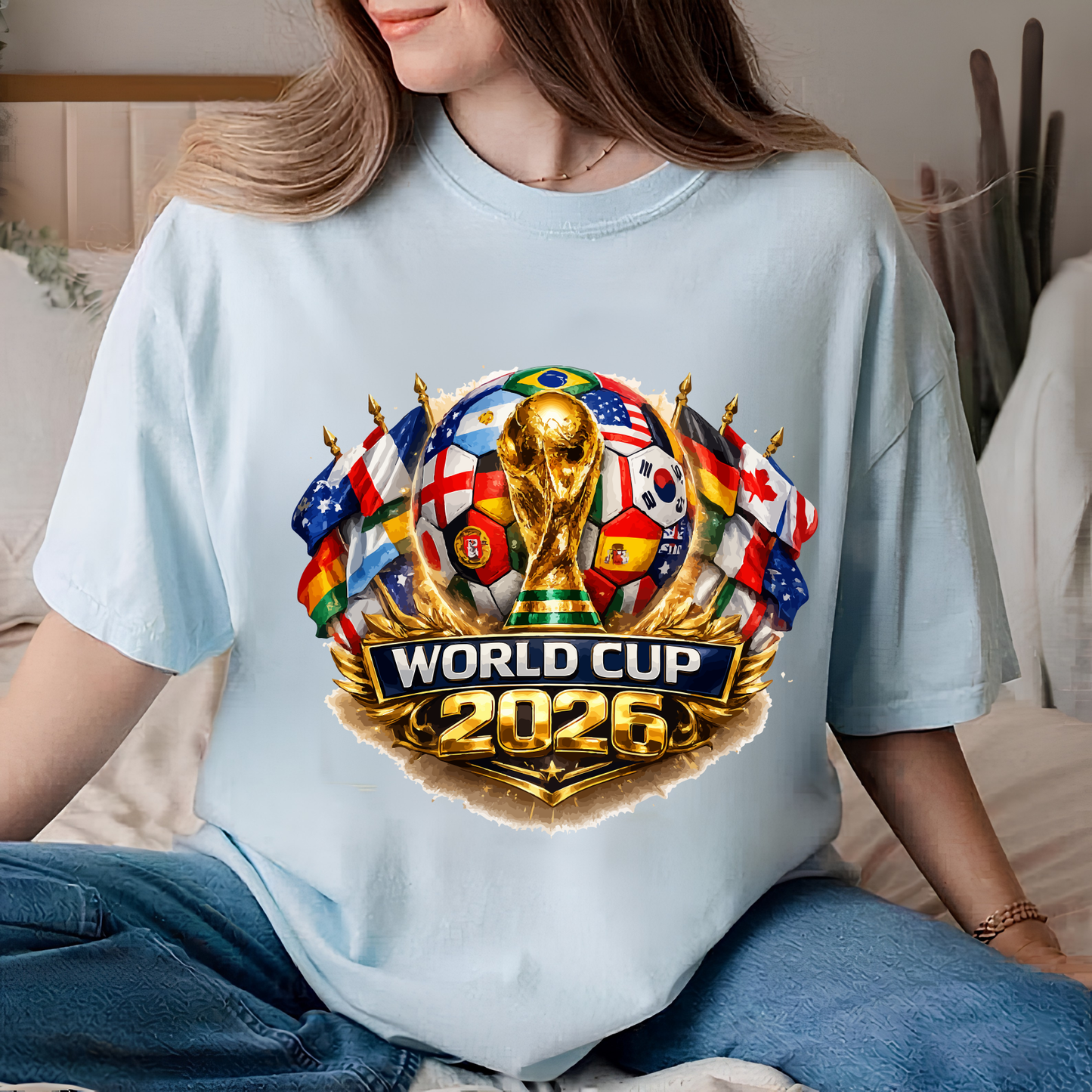 Official 2026 World Cup Multi-National Flags Graphic Print Light Blue T-Shirt (physical)