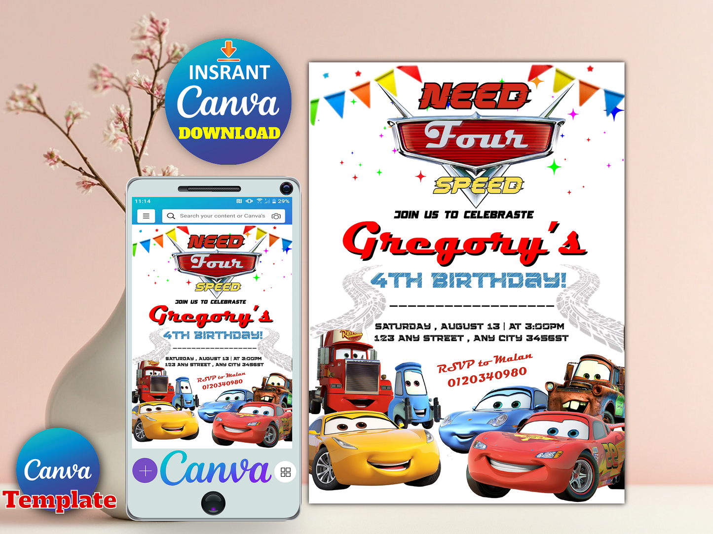 Need for Speed Cars Theme 4th Birthday Invitation Canva Template Printable